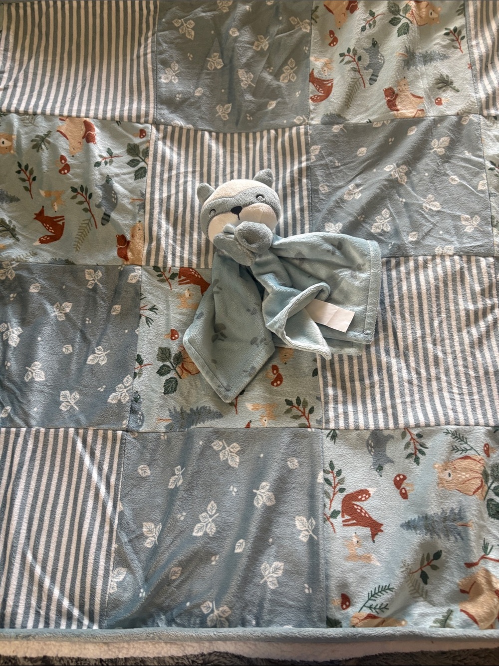 Plush Woodland Blue Baby Security Blanket and light blue raccoon Lovey